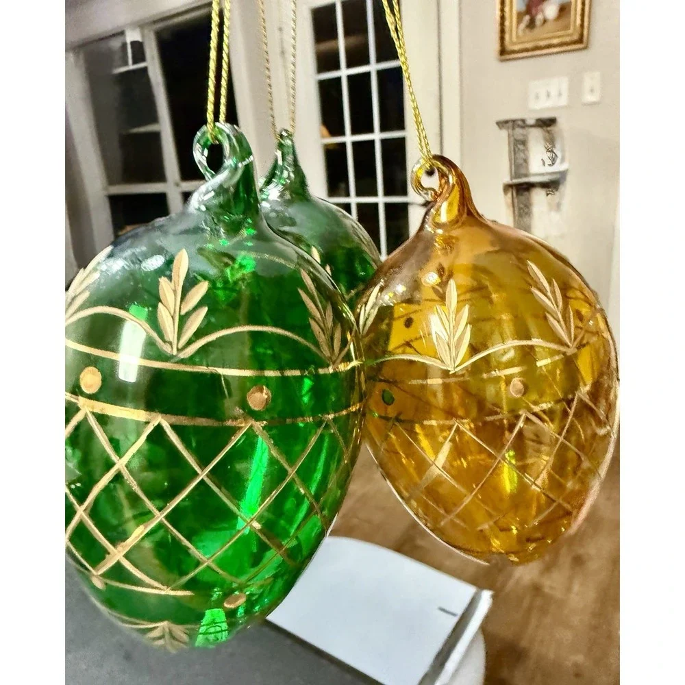 Vintage Hand Painted Blown Glass Christmas Ornaments Gold Lattice Lot of 3 Mint
